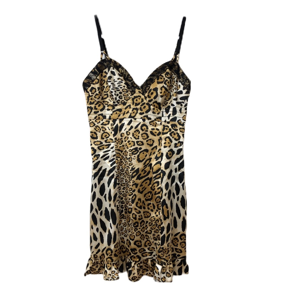 Guess Animal Print Bustier Dress with Lace Trimming and Ruffled Hem NWT